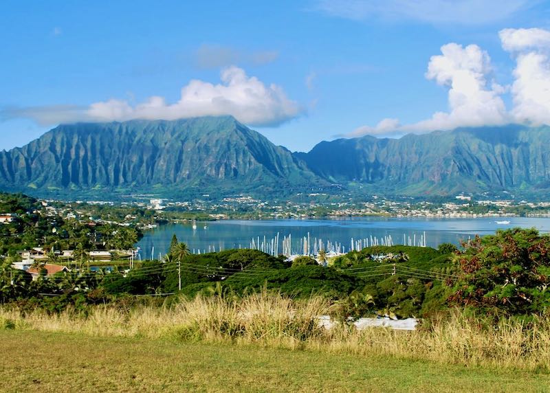 View of the Ko'olau Mountains from Kaneohe Bay on the Windward Coast of Oahu, Hawaii