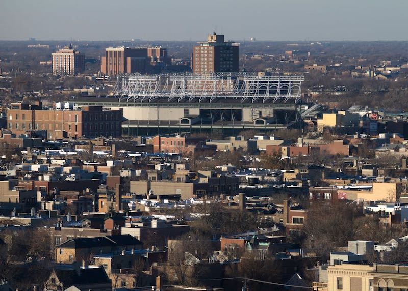 View of the the Lakeview neighborhood and Wrigley Field in Chicago.