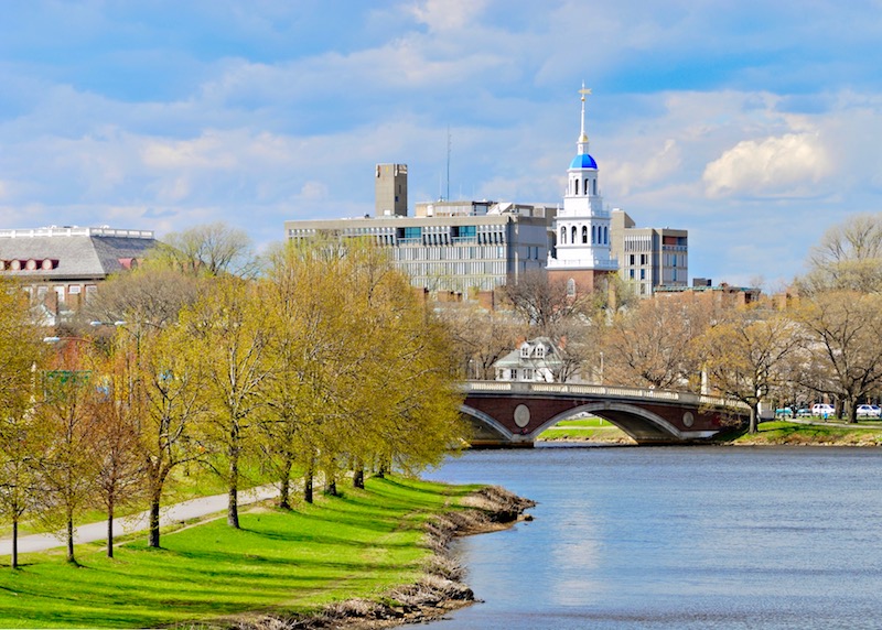 Blue dome of Harvard University Lowell House from across Charles River