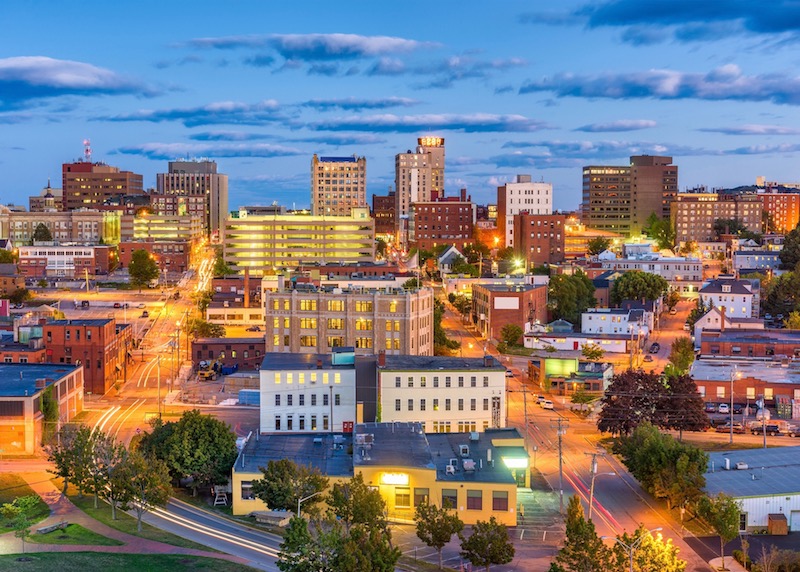 Twilight city view of Downtown Portland, Maine