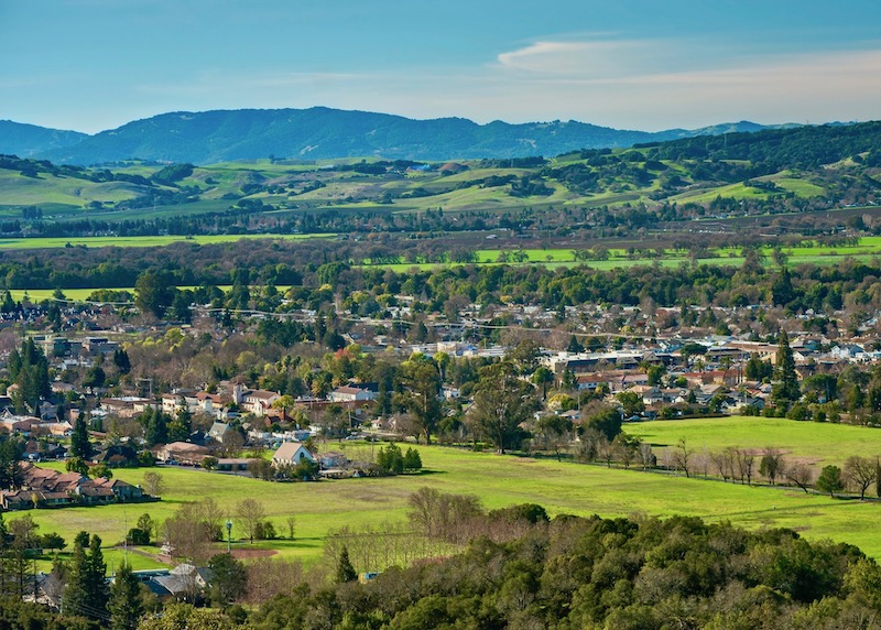 Downtown Sonoma seen from the Sonoma Overlook Trail in California Wine Country