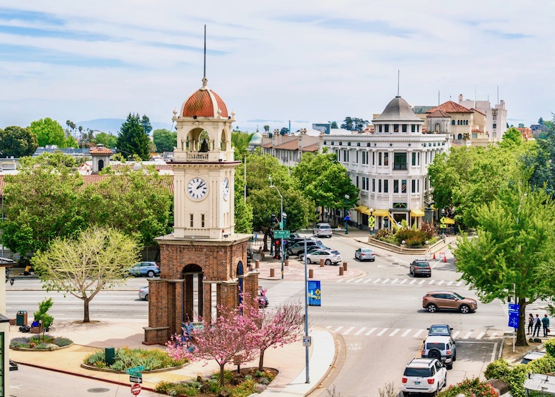 The Town Clock in and historic buildings in Downtown Santa Cruz, California