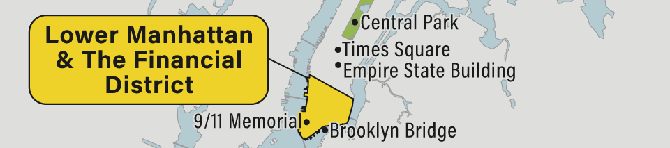 A map of Lower Manhattan & the Financial District in New York City.