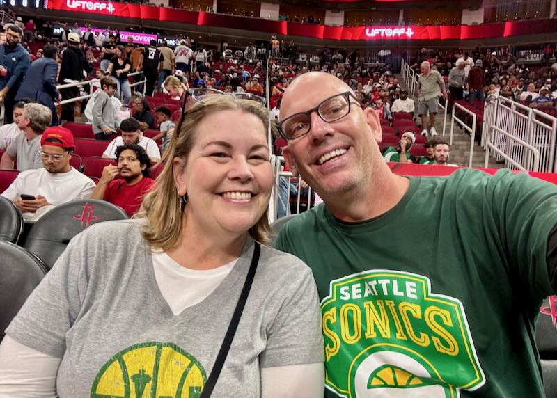 My wife and I at a Houston Rocket game.