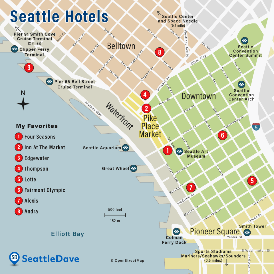 Map of best hotels in Seattle.