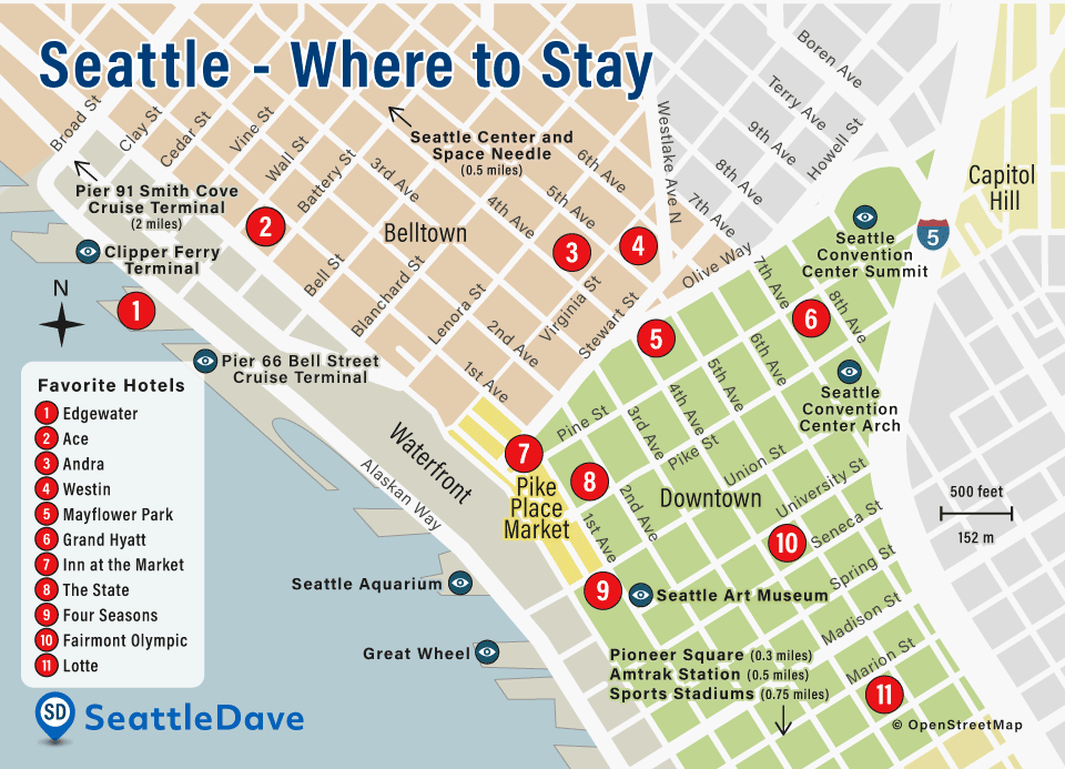 A map of where to stay in downtown and Belltown Seattle.