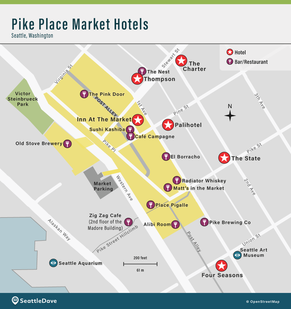Map of hotels near Pike Place Market in Seattle.