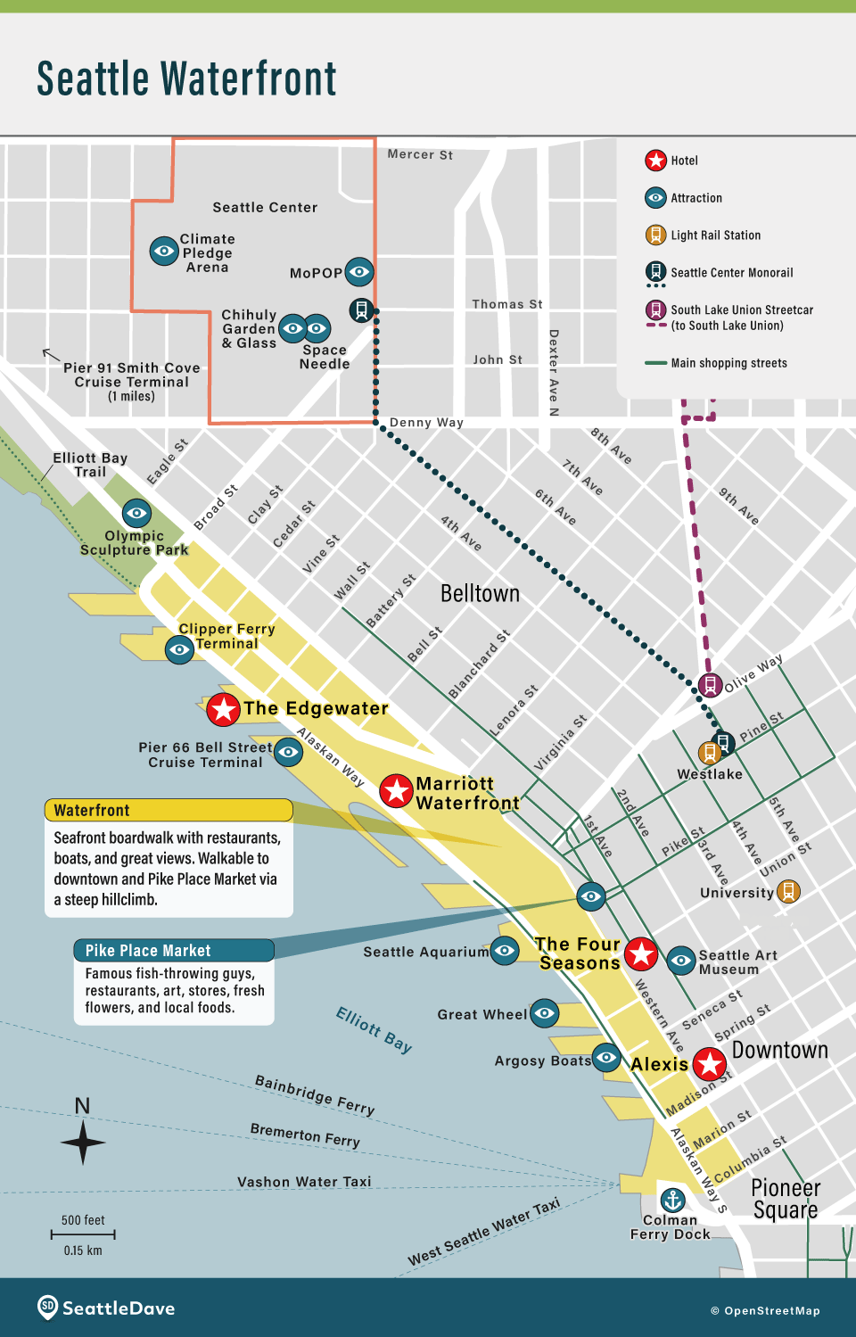 Map of Seattle Waterfront hotels.