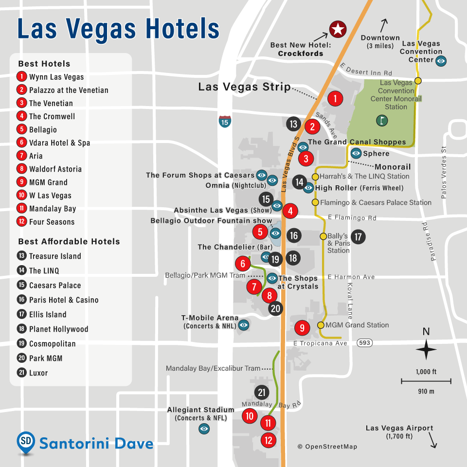 Map of Las Vegas hotels on the Strip.