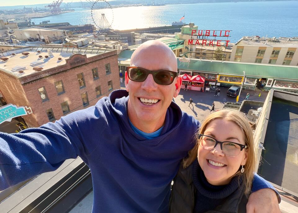 My wife and I at our hotel in Pike Place Market.