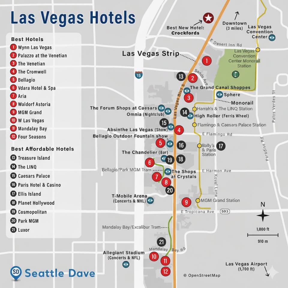 Map of hotels on Las Vegas Strip.